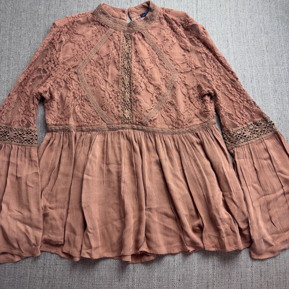 American Eagle Brown Lace Babydoll Top Bell Sleeve Boho Mock Neck Brown M
